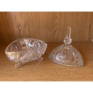 Vintage Cut Glass Lead Crystal Footed Compote Candy Trinket with Lid